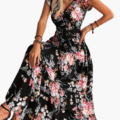 Damen Maxikleid mit Blumendruck und Gürtel – Elegantes Sommerkleid im Boho-Stil für Urlaub und Freizeit