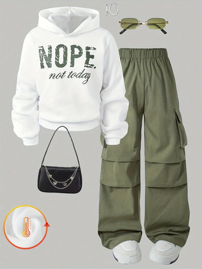 Damen Hoodie & Cargo-Hose Set, Weiß Grün, Weites Bein, Elastischer Bund