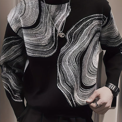 Unisex Langarmshirt Schwarz-Weiß mit Wellenmuster