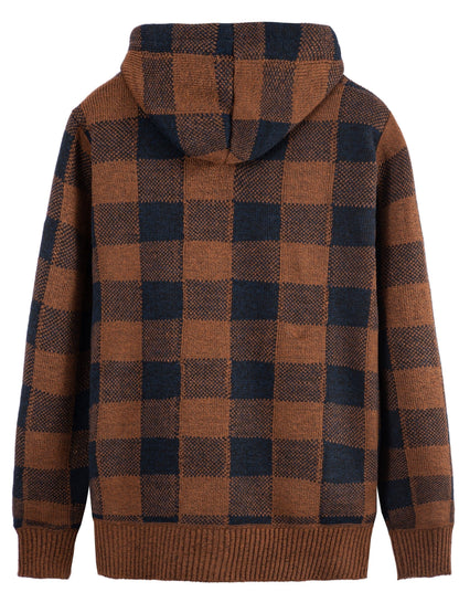 Herren Hoodie mit Reißverschluss, kariert, gefüttert, warm, Braun Schwarz