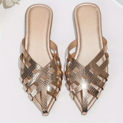Damen Elegante Slip-On Pantoletten mit Geflochtenem Design und Spitzkappe – Stilvolle Flache Mules für Alltag und Anlass