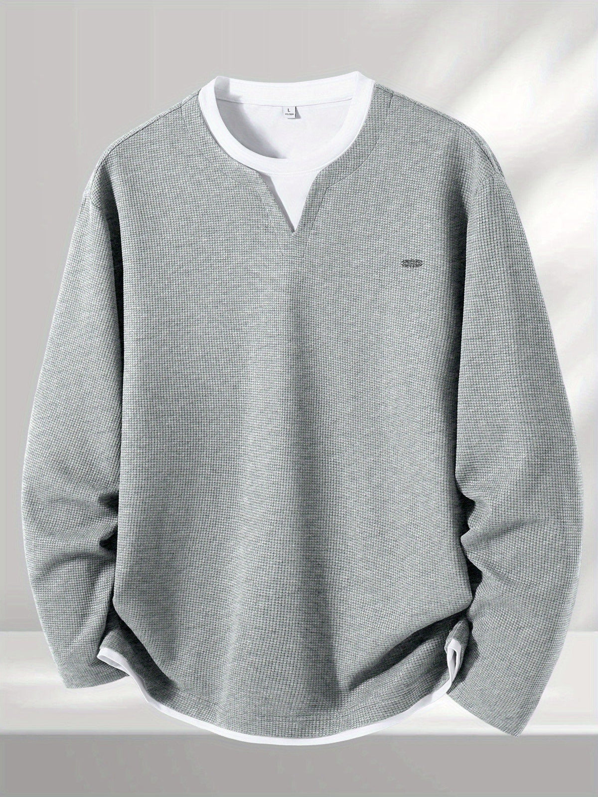 Herren Langarmshirt Waffelstrick Optik V-Ausschnitt Grau/Schwarz