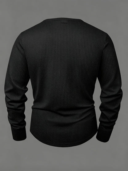 Herren Langarmshirt Gerippt Henley-Ausschnitt Locker Passform