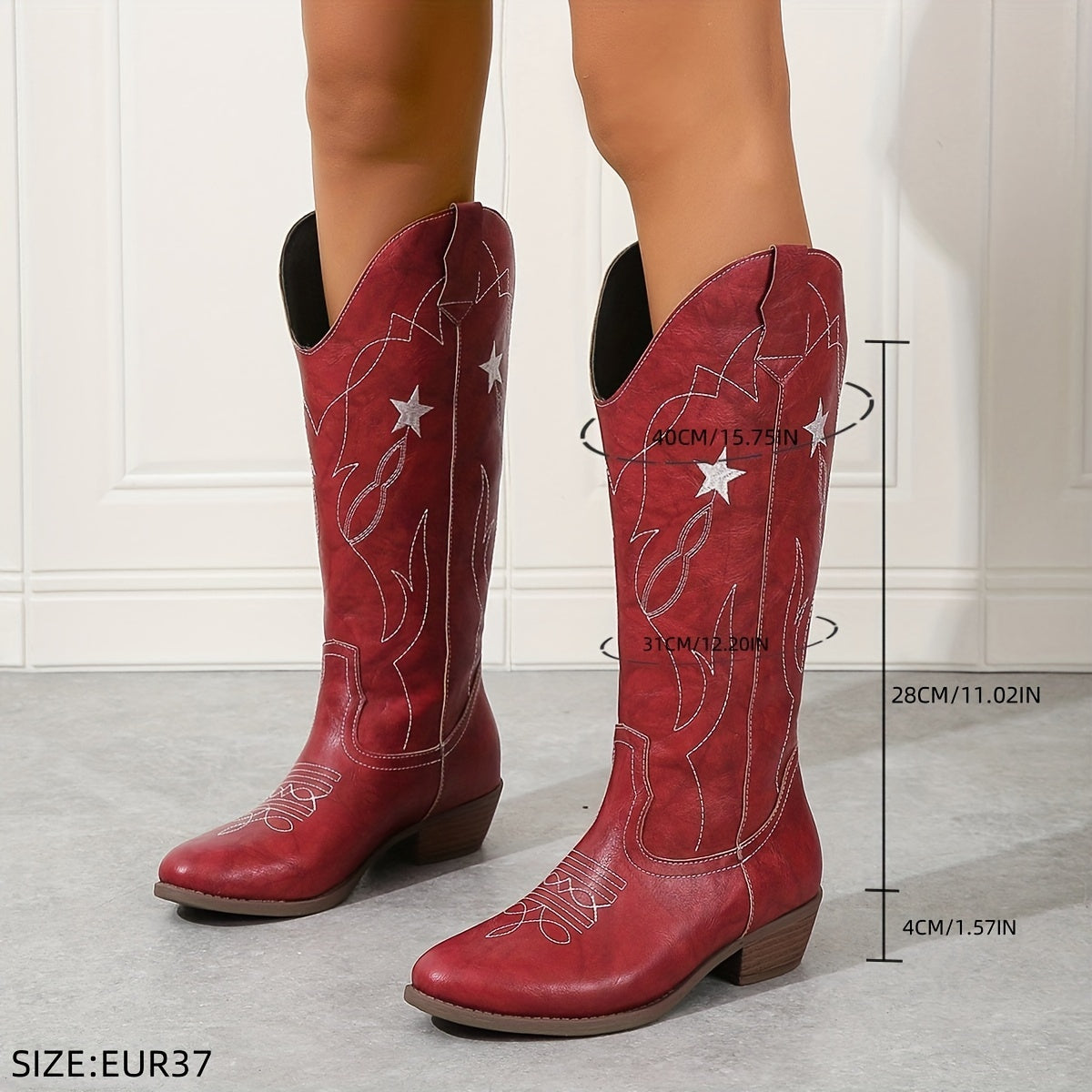 Rote Cowboystiefel für Damen mit weißen Sternen und Stickereien