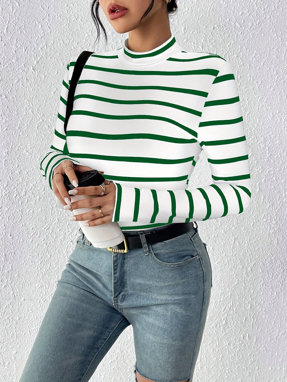 Damen Rollkragen Langarmshirt gestreift mit halbem Stehkragen
