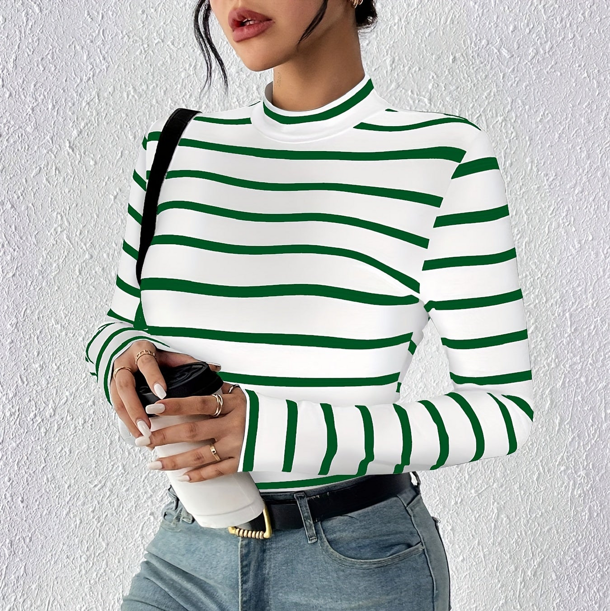 Damen Rollkragen Langarmshirt gestreift mit halbem Stehkragen