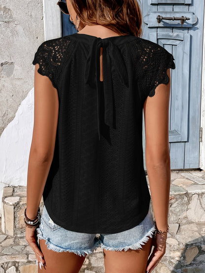 Damen Häkel-Spitzenbluse mit Rückenschleife – Sommerlich, Boho, Casual