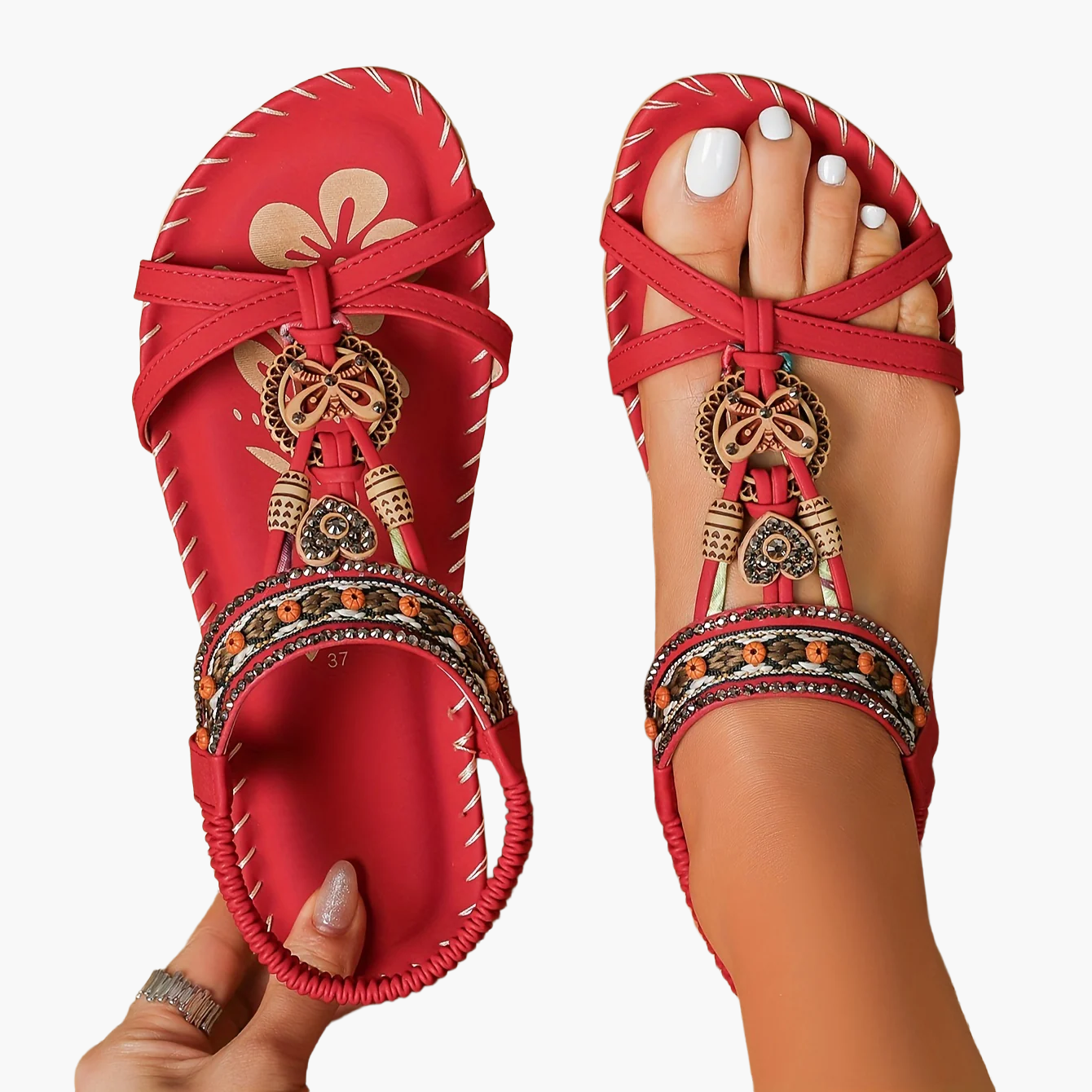 Damen Boho Sandalen mit Schmuckelementen – Bequeme Freizeitschuhe für Sommer & Urlaub