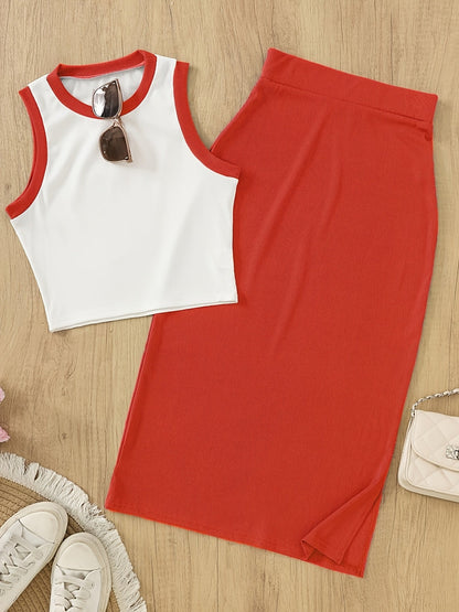 Damen Elegantes 2-teiliges Set – Ärmelloses Top und Rock, Perfekt für Alltag und Büro