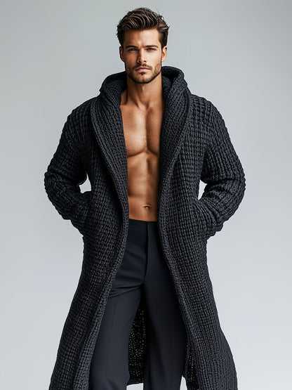 Herren Cardigan Lang Strickpullover Haussweater Dunkelgrau mit Kapuze