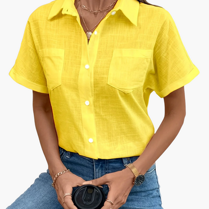 Damen Kurzarm Hemdbluse mit Vogelmuster – Modische Freizeitbluse für Alltag und Büro