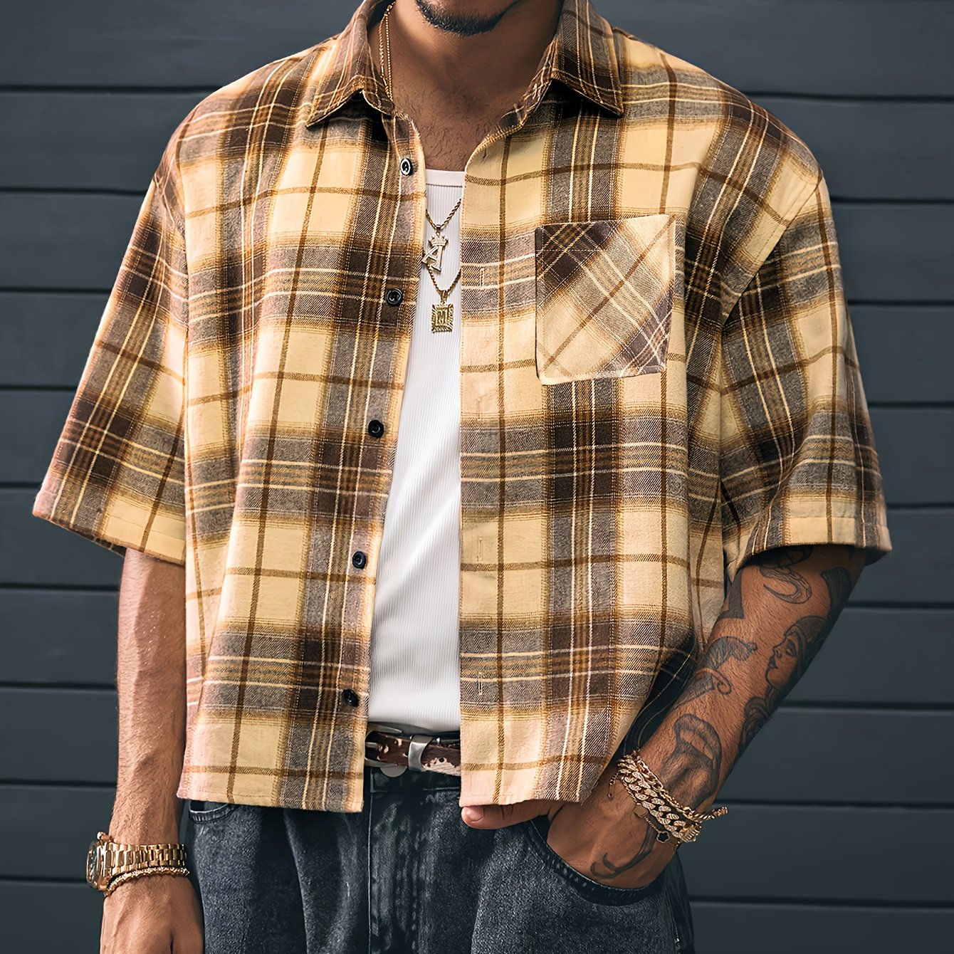 Herren Oversize Karohemd Kurzarm Streetwear Freizeitstil