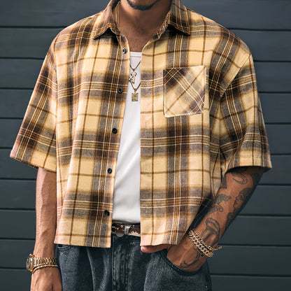 Herren Oversize Karohemd Kurzarm Streetwear Freizeitstil