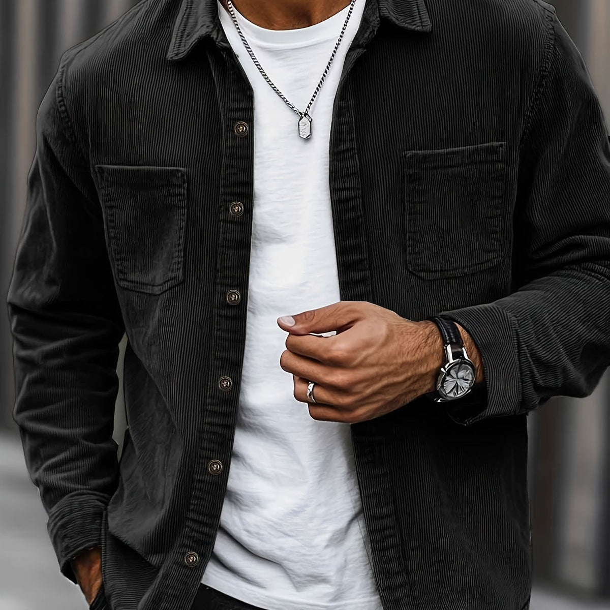 Herren Cordhemd Overshirt mit zwei Brusttaschen Langarm Freizeithemd