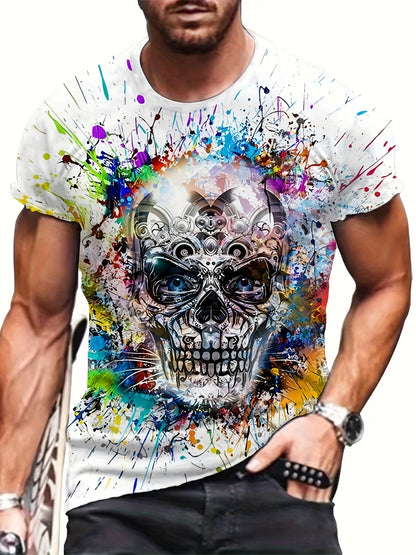 Herren T-Shirt mit Totenkopf und Farbklecks Design – Urban Streetwear, Kurzarm, Plus Size