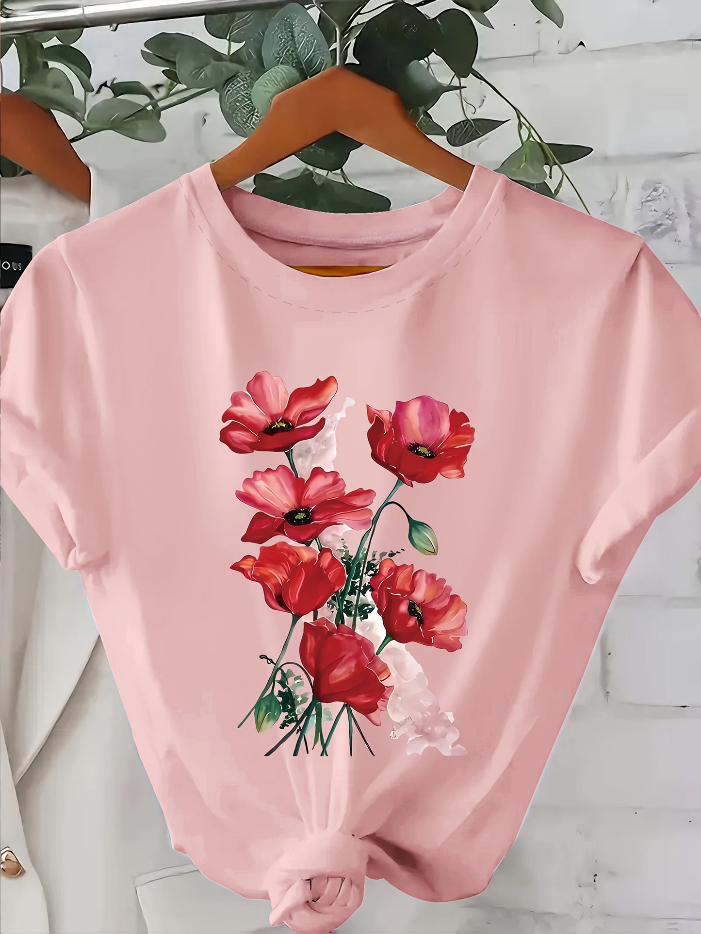 Damen T-Shirt mit Blumenprint – Stilvolles Freizeitshirt mit Mohnblumen-Motiv, Casual Fashion