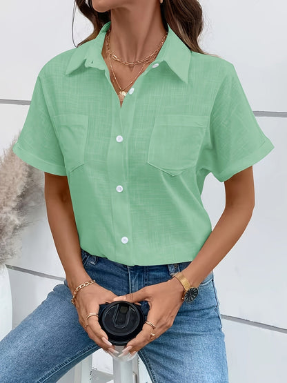Damen Kurzarm Hemdbluse mit Vogelmuster – Modische Freizeitbluse für Alltag und Büro