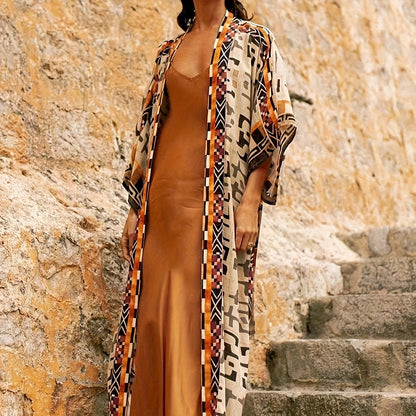 Damen Kimono Lang Boho Stil mit Ethno-Muster – Eleganter Überwurf für Strand, Zuhause & Freizeit