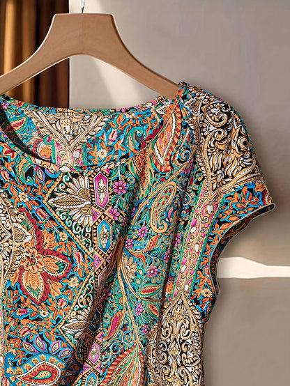 Damen Bluse mit Boho-Muster und asymmetrischem Knoten – Lässiger Sommer-Style