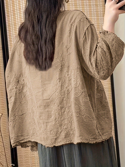 Damen Kurzarm Bluse mit V-Ausschnitt, Stickerei & Spitzenbesatz, Knopfleiste