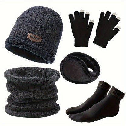 Winter Set Mütze Schal Handschuhe Ohrenschützer Socken Strick Fleece Warm Unisex