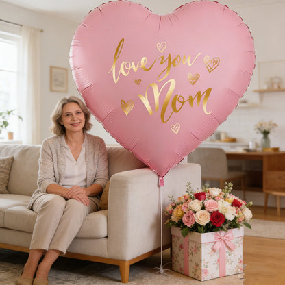 Herzförmiger XXL-Folienballon mit „Love You Mom“-Schriftzug – Stilvolle Muttertagsdeko für Damen