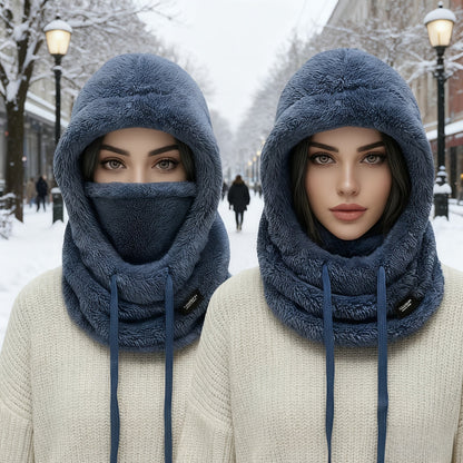 Fleece Kapuzen-Halstuch mit Gesichtsbedeckung und Kordelzug, Winter Schal Mütze Halswärmer Set