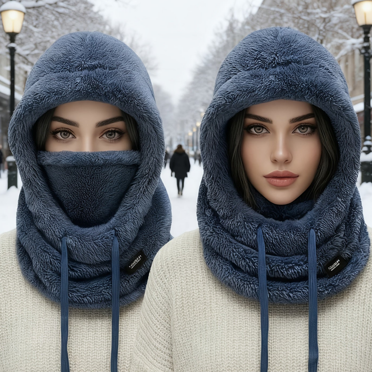 Fleece Kapuzen-Halstuch mit Gesichtsbedeckung und Kordelzug, Winter Schal Mütze Halswärmer Set