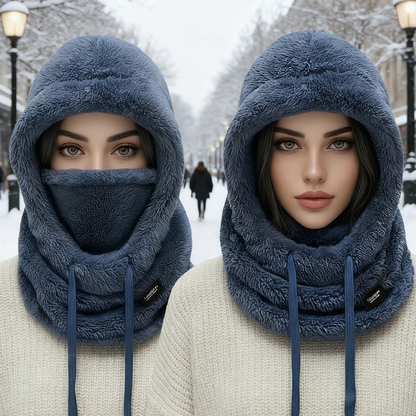 Fleece Kapuzen-Halstuch mit Gesichtsbedeckung und Kordelzug, Winter Schal Mütze Halswärmer Set