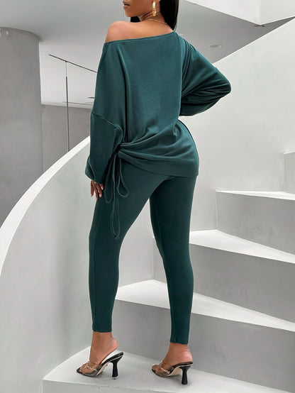 Damen Loungewear Set Dunkelgrün Schulterfrei Pullover Leggings