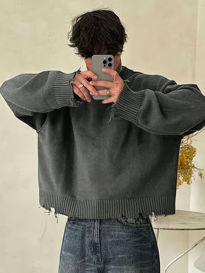 Unisex Distressed Pullover mit Rundhals Ausschnitt und Rippbündchen
