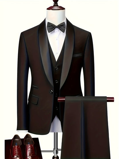 Herren Smoking Sakko Weste Hose Set, 3-teiliger Anzug mit Reverskragen