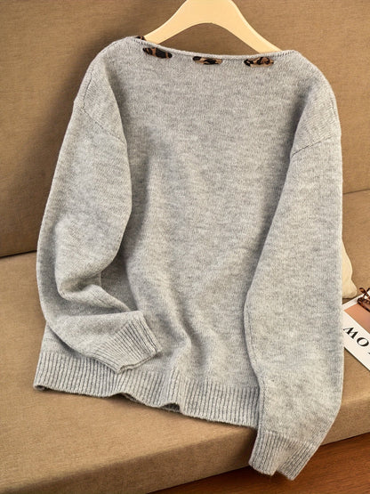 Damen Pullover Rundhals mit Leopardenmuster-Schleife