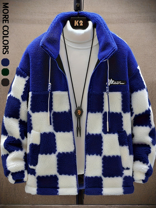 Unisex Teddyfleece Jacke mit Stehkragen und Schachbrettmuster