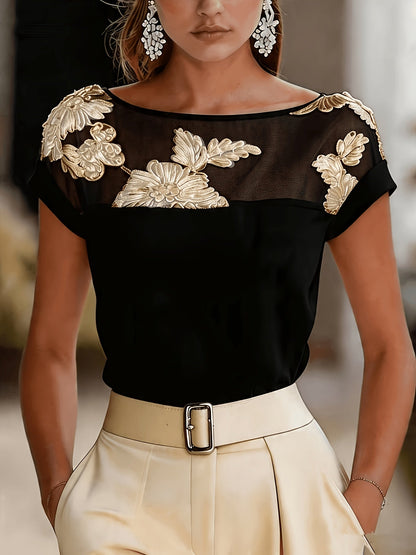 Damen Elegante Bluse mit Floraler Stickerei und Illusion-Ausschnitt – Stilvolle Fest- und Büro-Mode