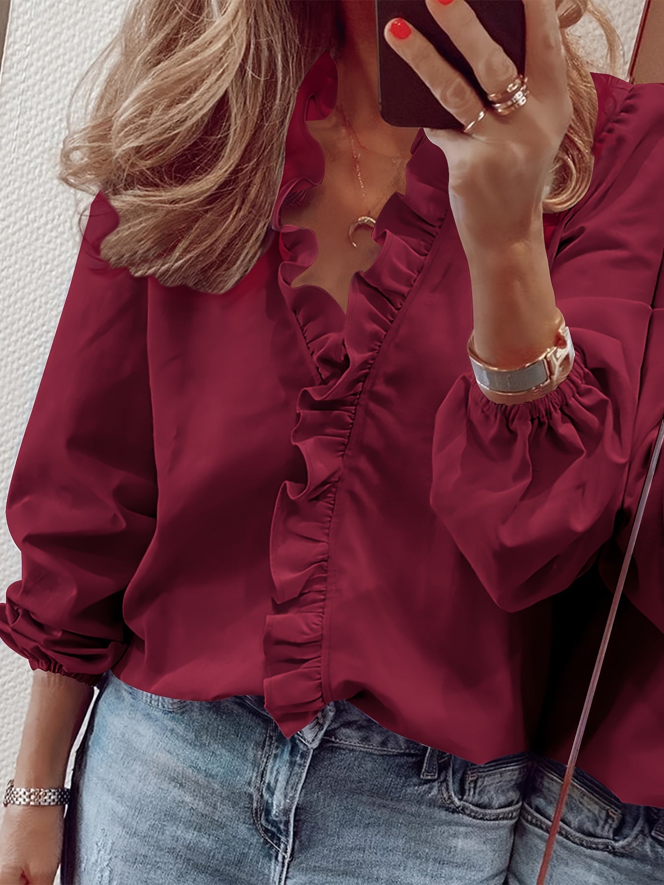 Damen Rüschenbluse Elegant Freizeitstil – Modische Langarmbluse für Alltag & Büro