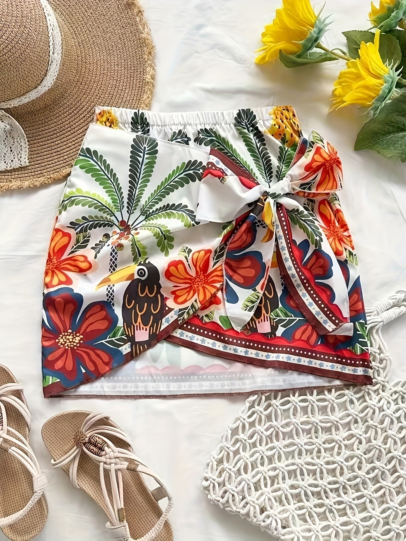 Damen Mini Strandrock mit tropischem Muster und Schleifen-Detail – Perfekt als Badebekleidungs-Überwurf