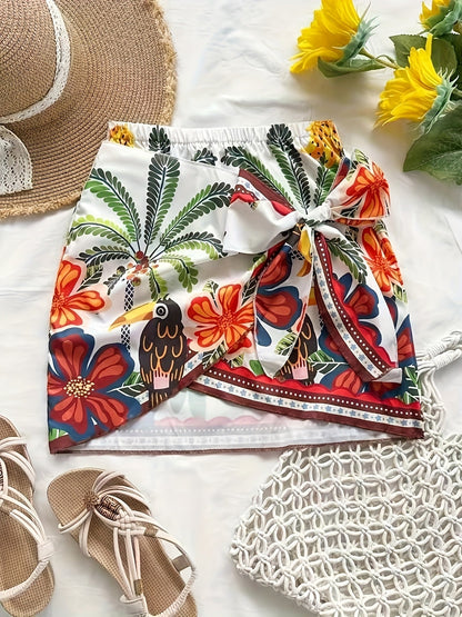 Damen Mini Strandrock mit tropischem Muster und Schleifen-Detail – Perfekt als Badebekleidungs-Überwurf