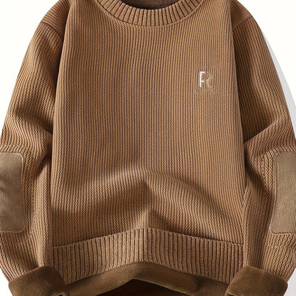 Unisex Langarm Sweatshirt mit Ellenbogen-Patches, Rundhalsausschnitt, gerippter Textur