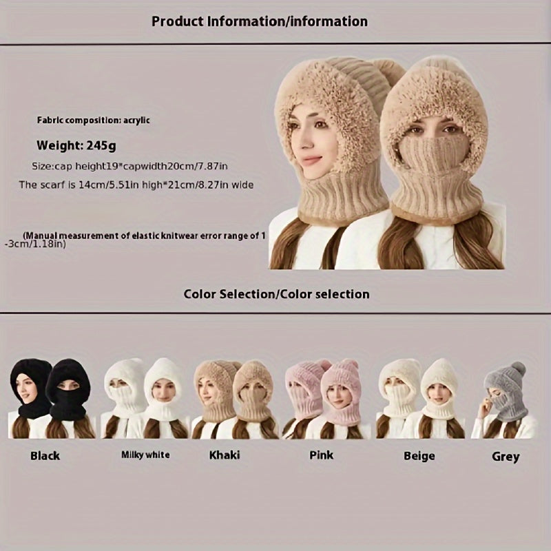 Winter Beanie mit Fleece-Futter und Halswärmer – Gestrickte Mütze mit abnehmbarer Gesichtsmaske, Pompon und Pelzbesatz