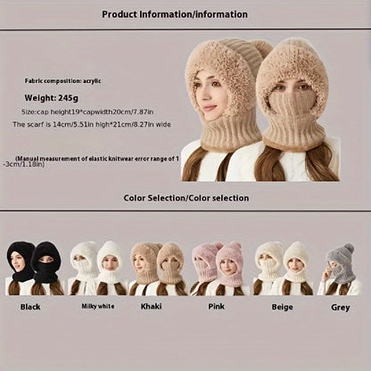 Winter Beanie mit Fleece-Futter und Halswärmer – Gestrickte Mütze mit abnehmbarer Gesichtsmaske, Pompon und Pelzbesatz