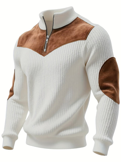 Herren Rollkragenpullover mit Reißverschluss, Rippstrick und Wildleder-Optik Patches