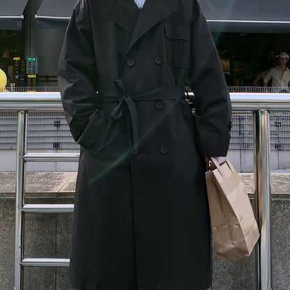 Unisex Trenchcoat Lang Zweireihig mit Gürtel in Beige oder Schwarz