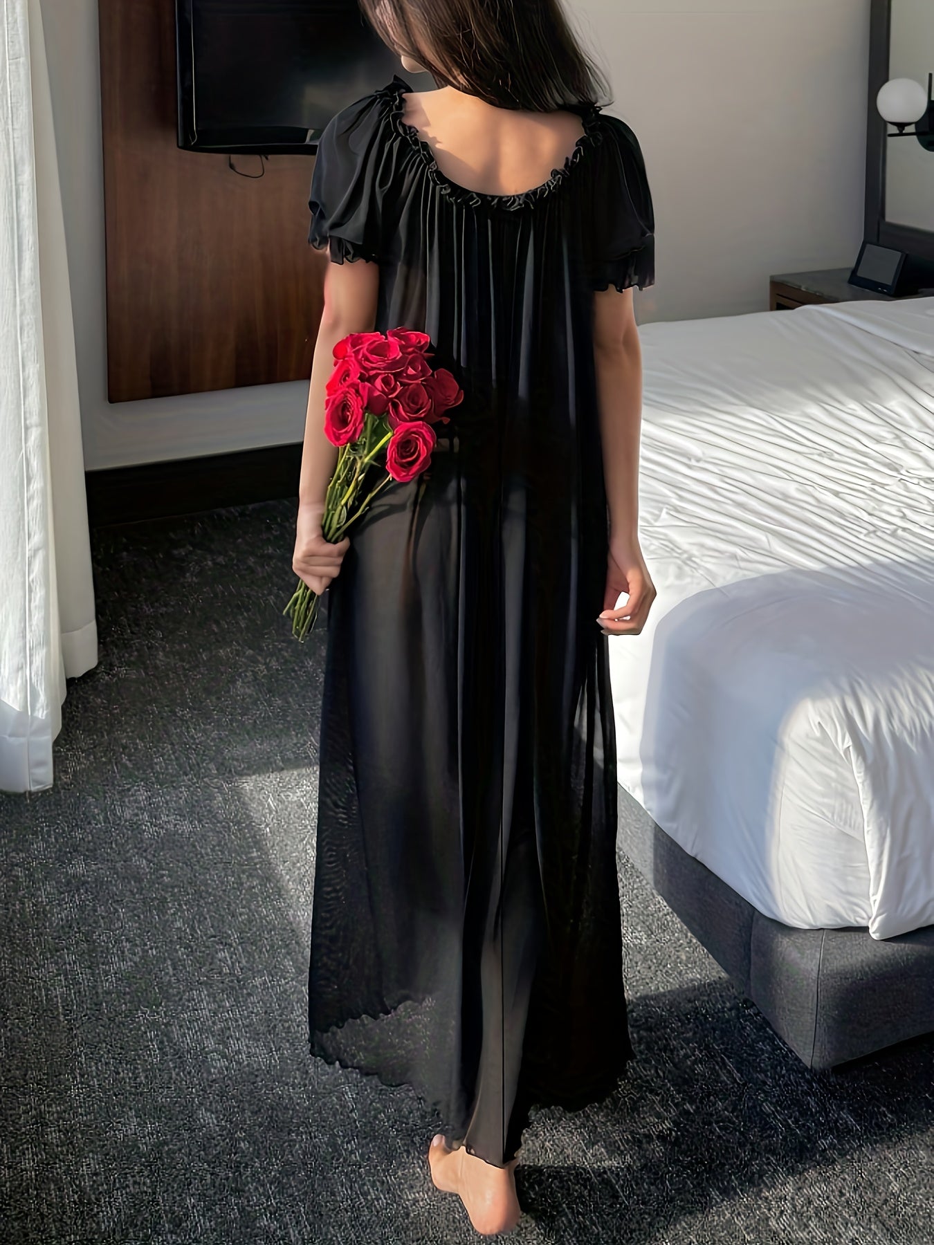 Damen Off-Shoulder Maxikleid Nachtkleid Elegant für Zuhause und Schlafen