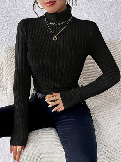 Damen Geripptes Langarm-Shirt mit Rollkragen, Schwarz