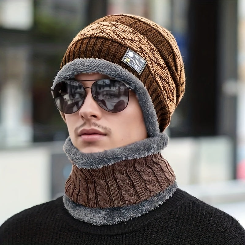 Winter Beanie Mütze & Schal Set für Herren - Strickmütze mit Fleece-Futter & Loop-Schal