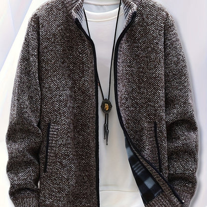 Herren Strickjacke mit Reißverschluss Stehkragen und Taschen meliert