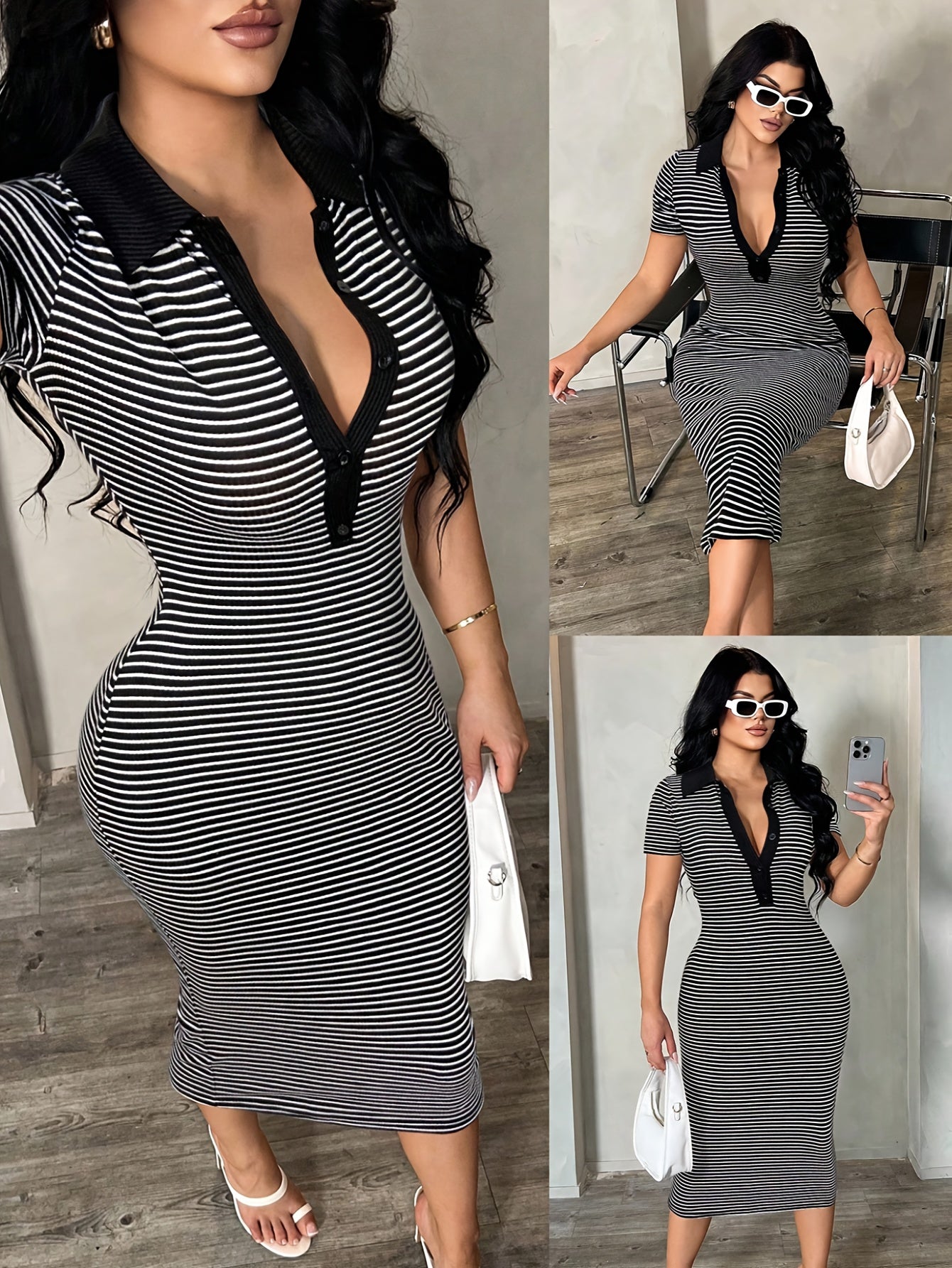 Damen Bodycon Polo-Stil Midi-Kleid mit Streifen – Elegantes Freizeitkleid für Stadt und Anlass