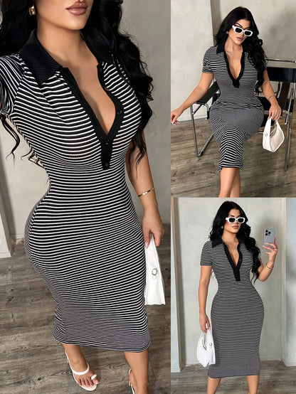 Damen Bodycon Polo-Stil Midi-Kleid mit Streifen – Elegantes Freizeitkleid für Stadt und Anlass