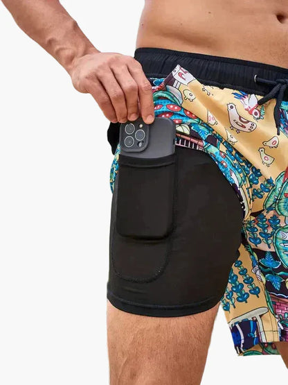 Herren Badeshorts mit Kompressions-Innenshorts – Moderne, schnell trocknende Swimshorts mit tropischem Muster für Strand & Sport